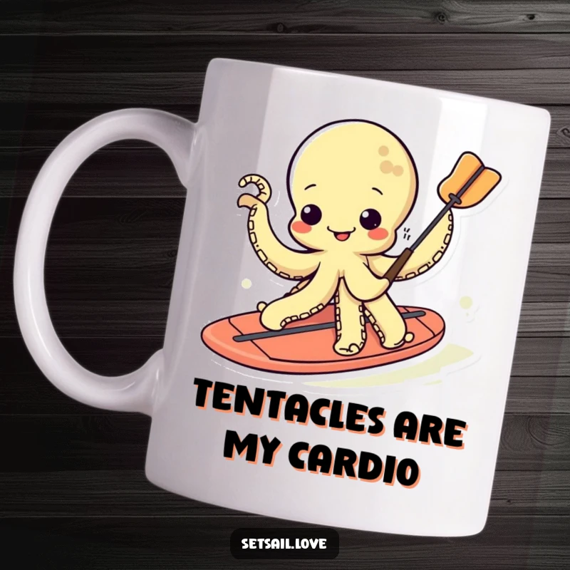 Funny kawaii octopus paddling energetically with its tentacles on a paddleboard, bringing joy and laughter.