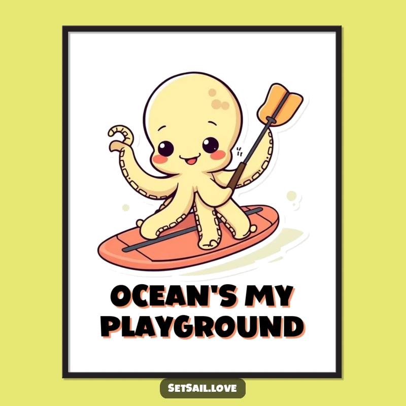Funny Kawaii Octopus Digital Art: Hilarious Paddleboarder Downloadable Art