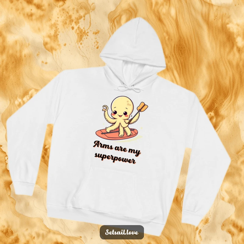 Funny kawaii octopus chilling on a paddleboard, showcasing a wiggly, happy expression and paddling action.