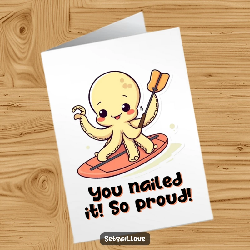 Funny Free Printable Congrats Card: A happy kawaii octopus paddleboarding with all its tentacles, celebrating your success hilariously.