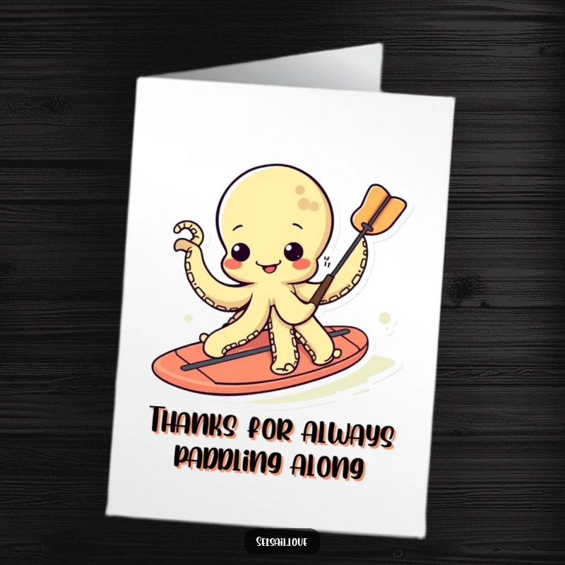 Funny Free Printable Thank You Card: A wiggling kawaii octopus on a paddleboard, sending thanks with bubbly enthusiasm.