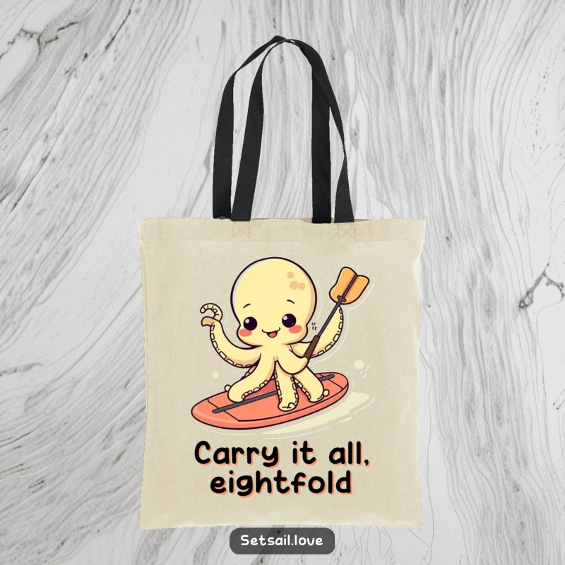 Funny kawaii octopus happily paddleboarding, its tentacles creating ripples on the water's surface.